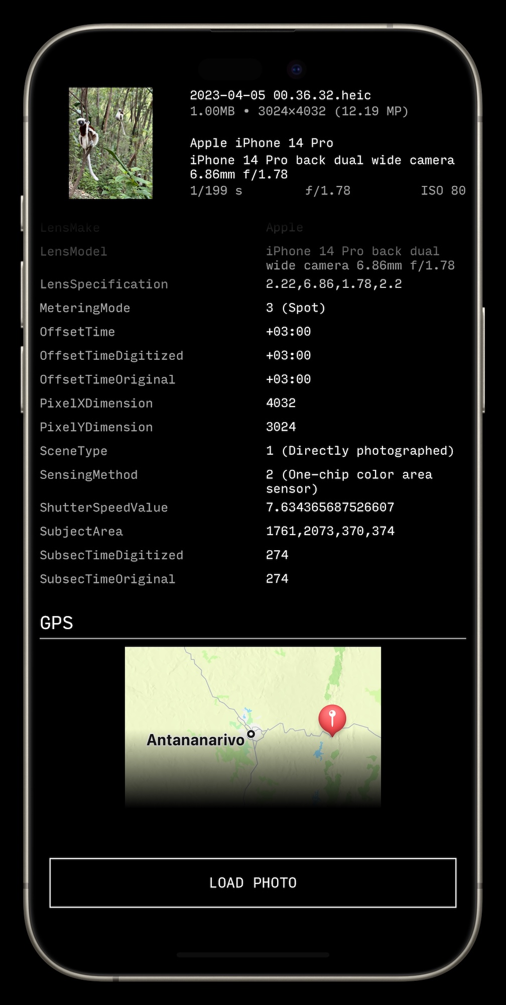 a screenshot of the EXIF Inspector app